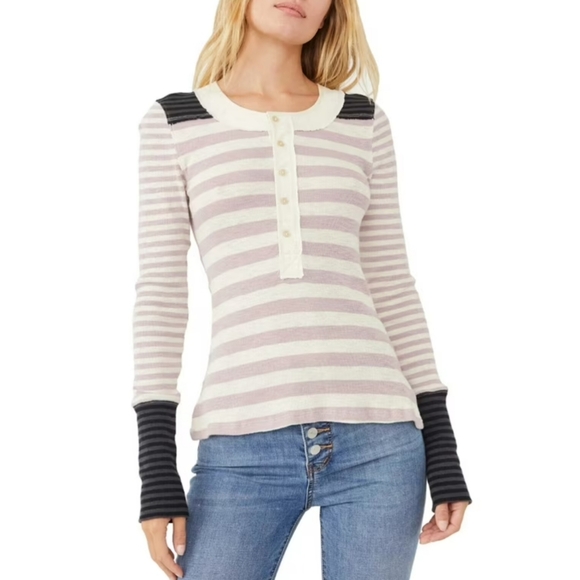 Free People Women's Size S Lavender Give Me Stripes Henley Top *flaw* Holes - Picture 7 of 7